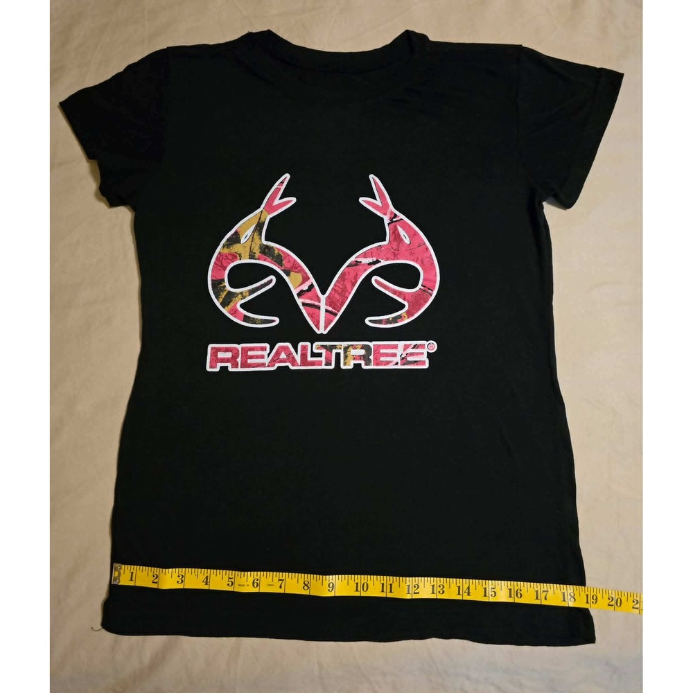 Realtree Womens Graphic T-Shirt Black Pink Camo Antler Logo Size Small SR577